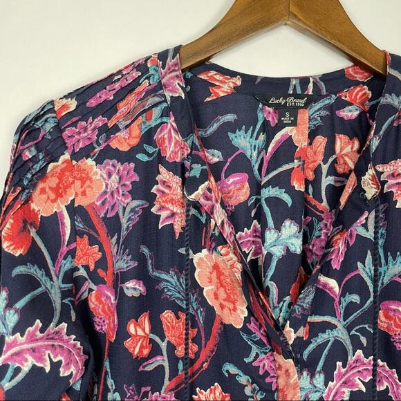 Lucky Brand | Navy Colorful Floral Print Boho Popover Tassels Long Sleeve Top - Picture 6 of 12